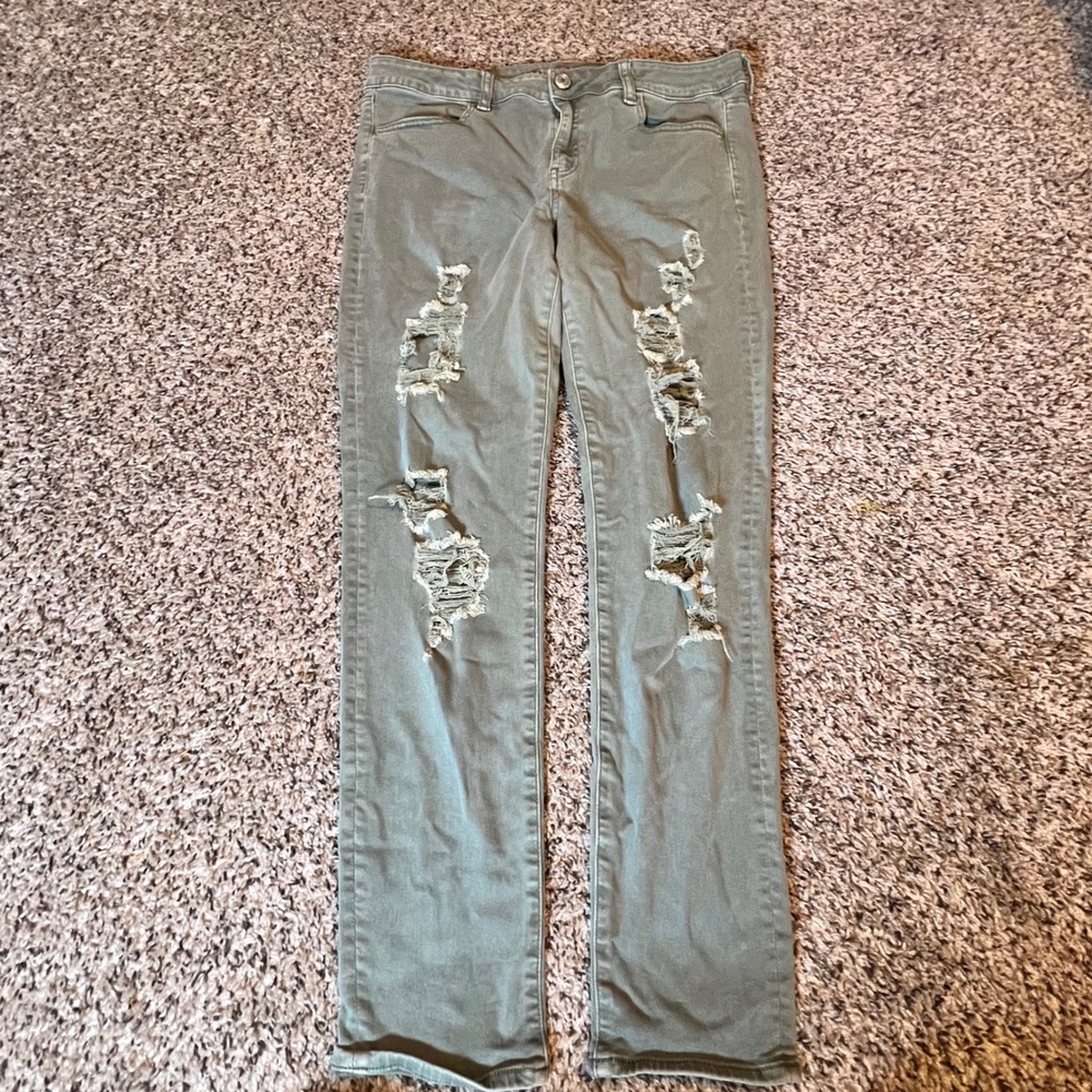 American Eagle Super Stretch Jeggings Olive Green Distressed Ripped Size 14 Reg